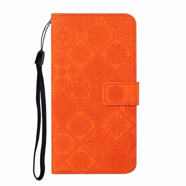 Etui til iPhone 15 Plus Oransje 3D-preget etnisk lommebok med kortholder, flip-preget