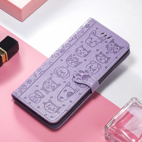 Kotelo iPhone 14 Plus -puhelimelle, violetti, suosittu kissa- ja koira-aiheinen söpö 3D-kohokuvioitu nahkainen monitoimilompakko korttipidikkeellä