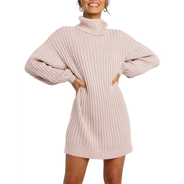 Enfärgad turtleneck Lantern Långärmad mellanlång stickad klänning Pink S