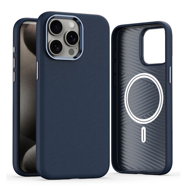 Etui til iPhone 15 Pro Kongeblå læder lædermønster Magnetisk