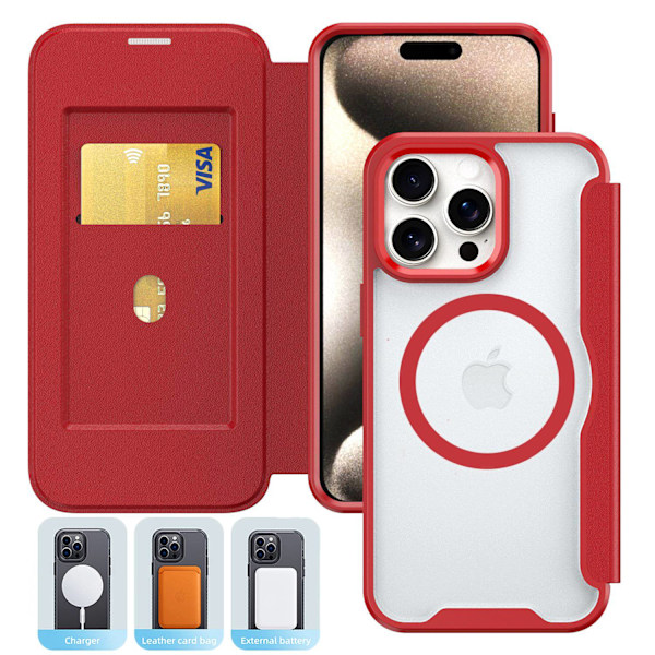 Punainen iPhone 14 -kotelo [Magneettinen] Xunjia magneettinen läppäkorttipidike