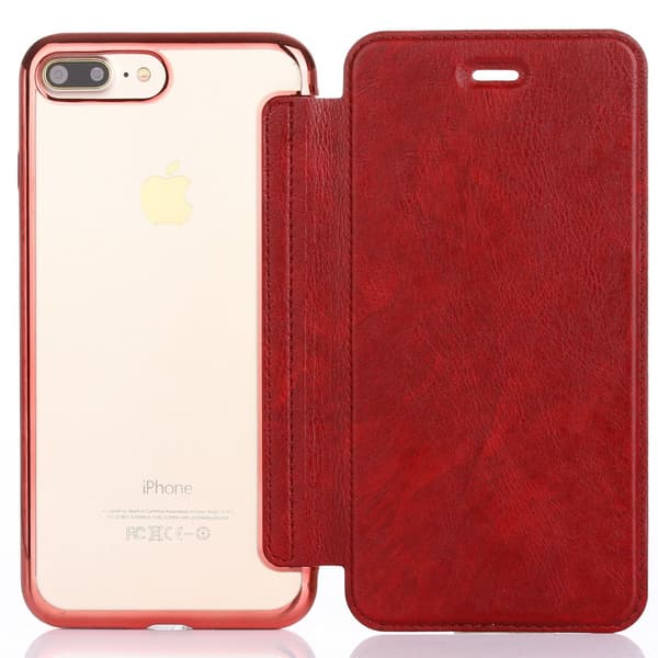 Etui til iPhone 14PLUS Claret Flip Elektroplettering Transparent Wallet med Kortholder