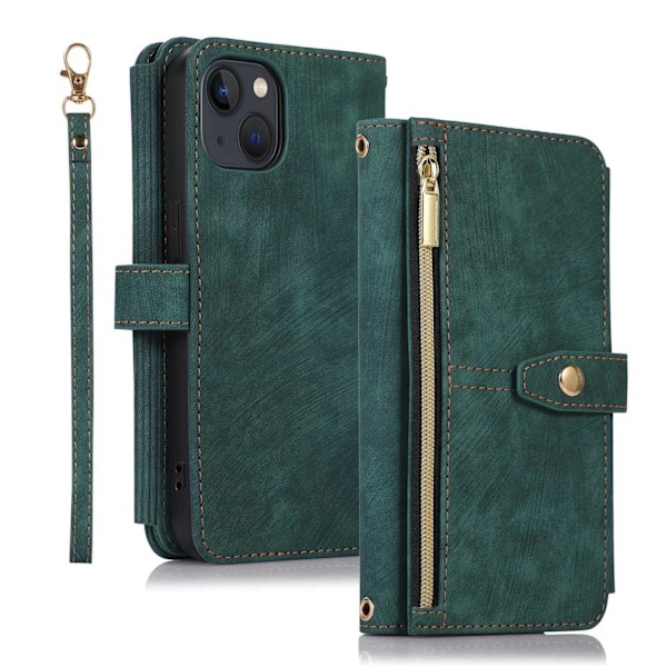 Etui til iPhone 15 Pro Grøn [kort snor + lang hængende snor] lynlåspung med kortholder crossbody flip ni kort