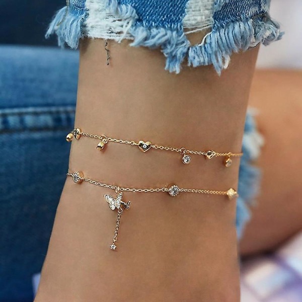 Butterfly Anklet Gold Multilayer Crystal Ankel Armband C