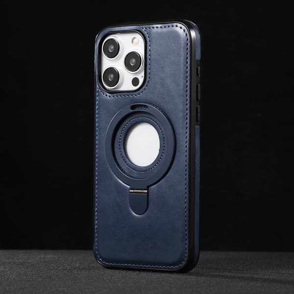 Etui til iPhone 15 Pro Mørkeblå klassisk business Magnetisk stativ lædermønster