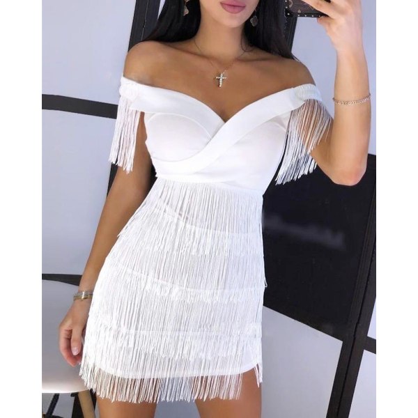 Fashion Tight Klänning off-Shoulder Tassel Tight White M