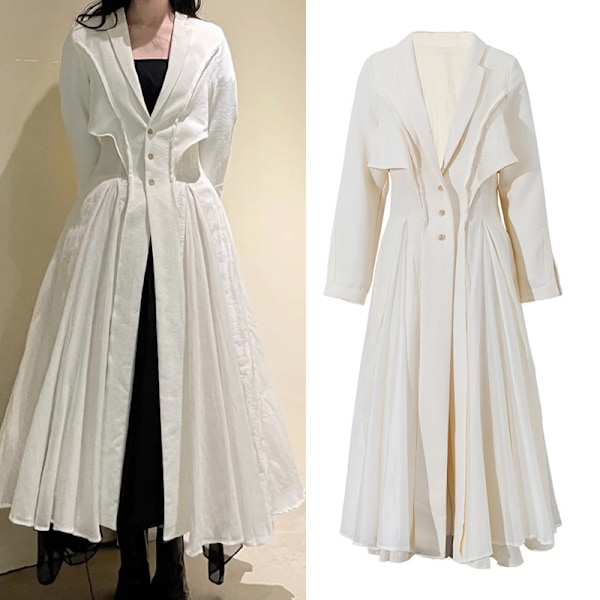 Patchwork Jacquard Plisserad Lång Elegant Klänning Kvinnor Lapel Slim Cardigan Klänning Beige XL