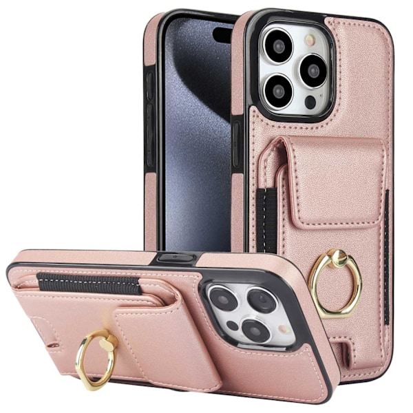Fodral för iPhone 14plus Roséguld Baksida Plånbok med Korthållare Ring