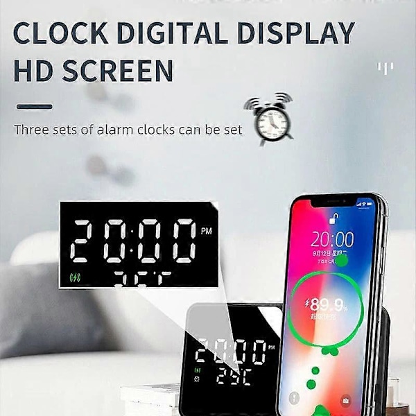 15W Trådløs Oplader & Vækkeur Til Iphone 15, Samsung Z Flip4 - Hurtig Qi Opladning, Temperaturvisning White