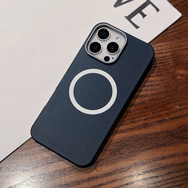 Etui til iPhone 14 Pro, blå læderkorn, frostet magnetisk læder, fuld krop