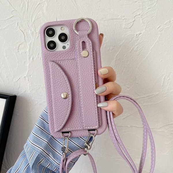 Etui til iPhone 16plus Kortholder Håndledsrem Lilla Crossbody Læder kortholder, håndleds crossbody