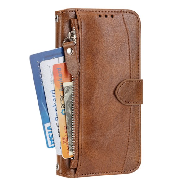 Etui til iPhone 13mini brun lynlås pung med kortholder Crossbody Flip