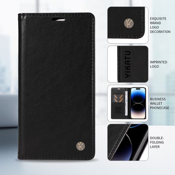 Etui til iPhone 15 sort Pebbled Magnetisk Wallet med Kortholder Flip