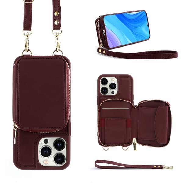 Etui til iPhone 13 Pro Max Burgundy [Multifunktionelt wallet-telefonetui] Wallet med kortholder