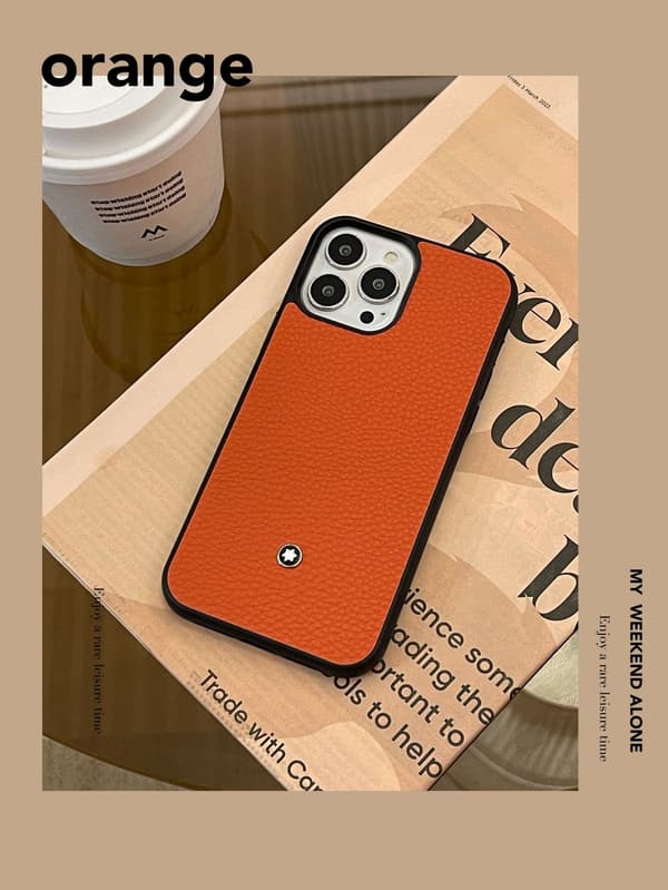 Etui til iPhone 15 Pro Max Lychee-mønster oransje Lærtekstur Pebbled Full-Body
