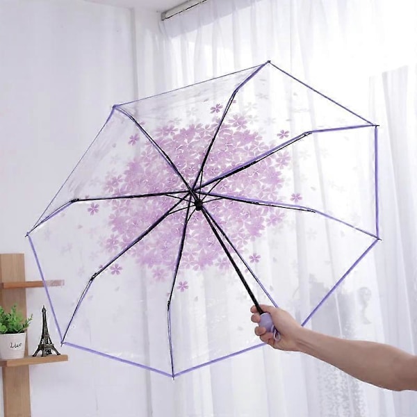 Läpinäkyvä automaattinen sateenvarjo naisille, kokoontaittuva aurinkovarjo sateeseen ja aurinkoon, tuulenpitävä, naisten sateenvarjot Purple