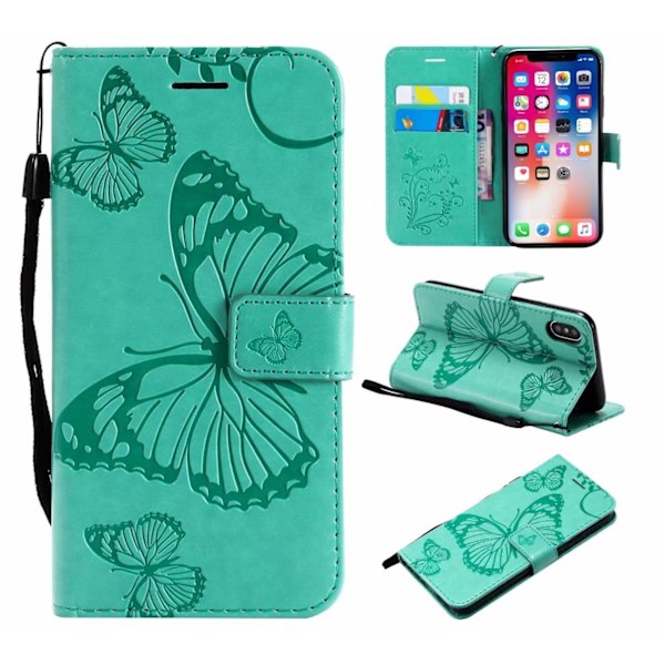 Fodral för iPhone 16e/SE4 Mintgrön 3D Präglad Fjäril Präglad Plånbok med Korthållare Flip