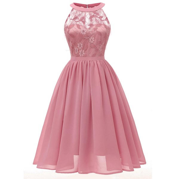 Chiffongklänning Sexig spetsstickning högtidsklänning Pink L