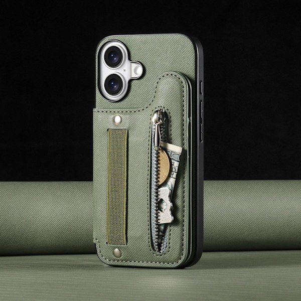 Etui til iPhone 16 Plus grønt lær flip-kort holder elastisk snor håndleddsbånd
