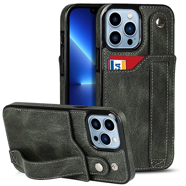 iPhone 14 -kotelo, tummanvihreä lompakko korttipidikkeellä, luova