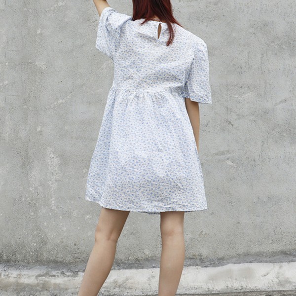 Klassisk stil kortärmad damklänning liten blommig Blue XL