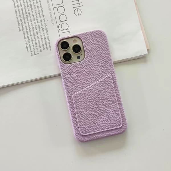 Etui til iPhone 15plus Violet Pebbled Lommebok med Kortholder klassisk halv pakke
