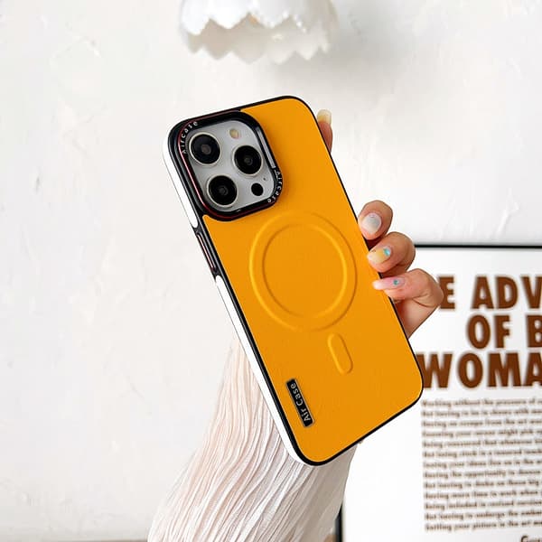 Fodral för iPhone 13 Pro gult läder magnetisk kontrastfärg