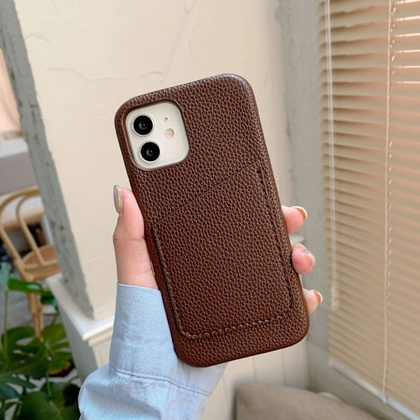 Etui til iPhone 16 Lychee mønster kaffe Pebbled Wallet med kortholder