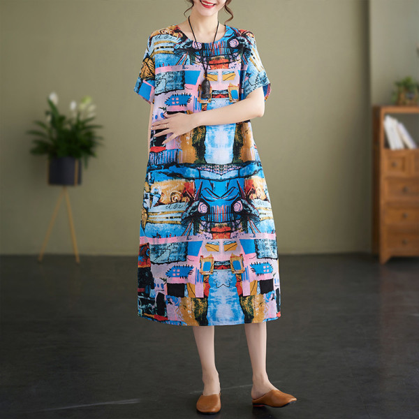 Klänning i linne med printed , kortärmad bomull och linne Blue L