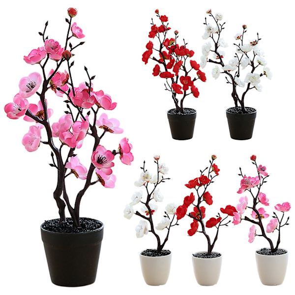Kunstig Bonsai To Grener Dekorativ DIY Plommeblomst Falsk Blomsterpotte Hjem Romdekorasjon Pink A