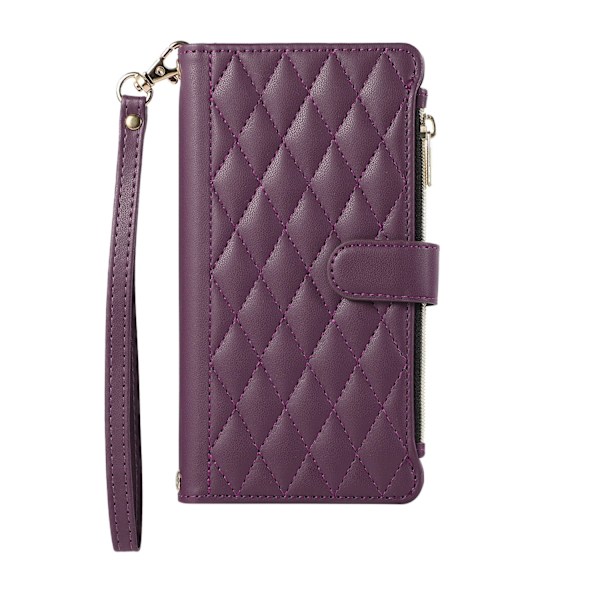 Etui til iPhone 15 Pro mørkelilla + kort armbånd diamant lynlåspose stativpung med kortholder