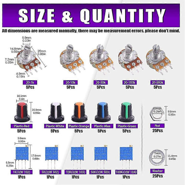 105 st 1k-500k Ohm Potentiometer Sortimentslåda med 1kohm -100kohm Multiturn Trimmer, räfflad axel