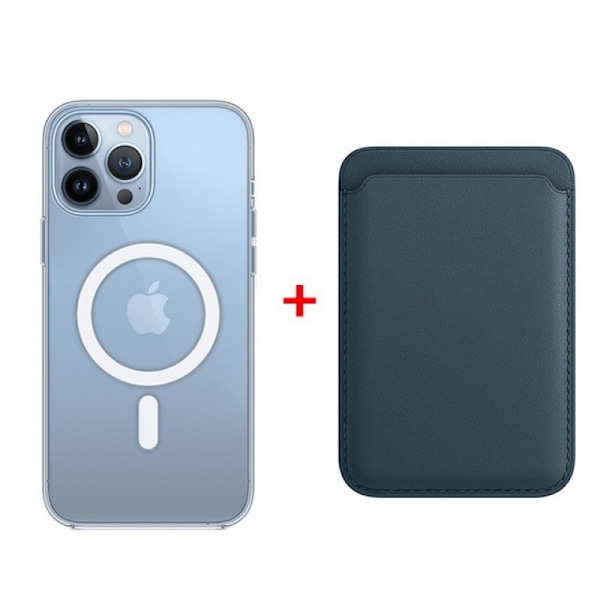 Etui til iPhone 14 Plus, transparent magnetisk etui + magnetisk kortholder, blått magnetisk transparent lær, magnetisk kortholder