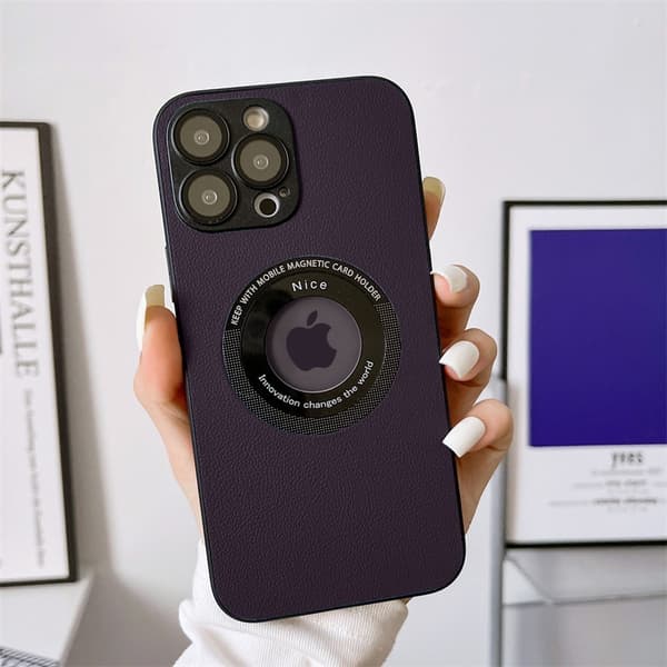 Fodral för iPhone 16plus Mörklila Magnetisk Saknas Etikett Pebble-läder Linsskydd Heltäckande