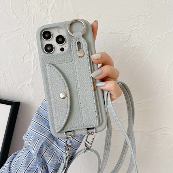 Fodral för iPhone 14 Korthållare Handledsrem Crossbody Grå Blå Läder korthållare, handleds crossbody