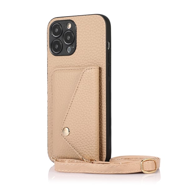 Etui til iPhone 14 Plus / 6,7 tommer Brun-Lychee Kortholder + Lanyard Almindelig Pebbled Wallet med Kortholder PU Læder
