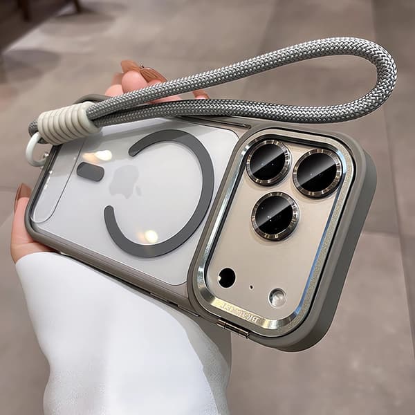 Etui til iPhone 16 Pro Max Magnetisk Stativ Linse Detalj Snor Grå Noz29725