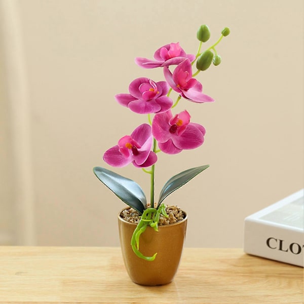Konstgjord Blomma Bonsai UV-beständig Lättskött Plast Ingen Blekningsrisk Fjärilsorkidé Krukväxt Konstgjord Blomma för Hemmet Orange