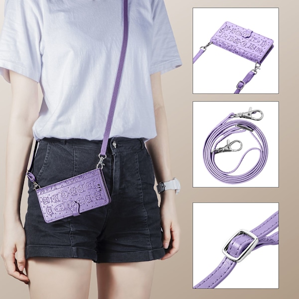iPhone 16 violetti lompakkokotelo korttipidikkeellä ja täydellä crossbody-hihnalla