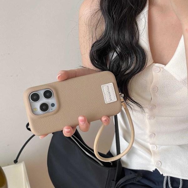 Fodral för iPhone 15 Khaki-Handväska lädertextur Enkel textur nisch