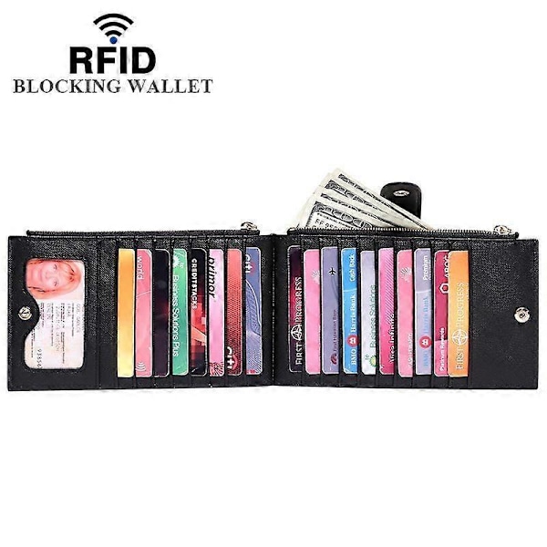 Dame Ægte Læderpung RFID-Blokerende Kreditkort Holder Lynlåspung Mobiltelefon Håndtaske - Sort