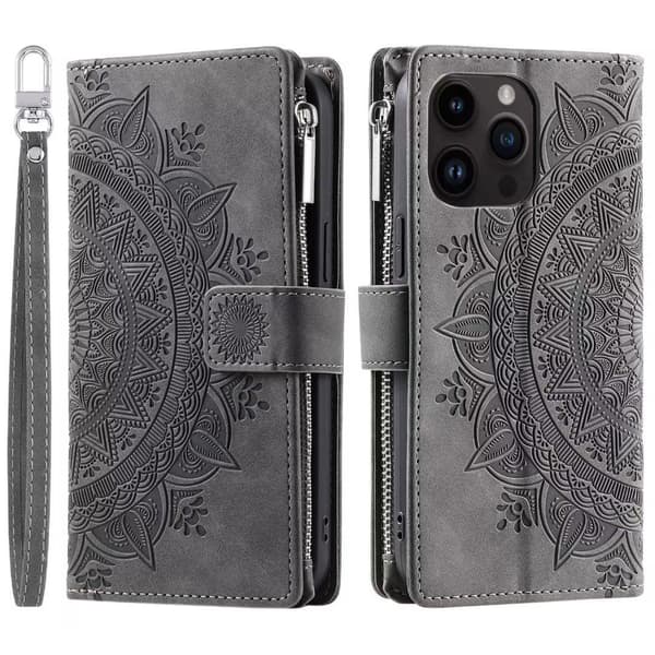 Etui til iPhone 14 Pro grå Multi-kort Totem Lynlås Flip Wallet med Kortholder