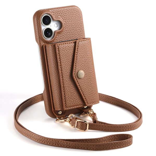 Fodral för iPhone 15 Pro brun Pebbled Accordion Crossbody Långt Armband Spegelfönster