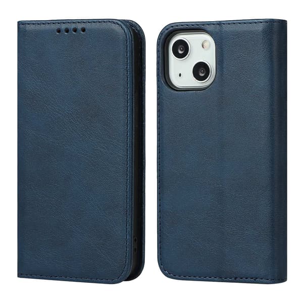 Etui til iPhone 14 Pro Max Mørkeblå Kalveskinn Flip