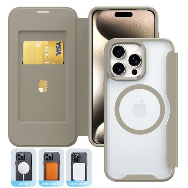 Etui til iPhone 15 Pro Khaki [Magnetisk Type] Xunjia Magnetisk Flip Kortholder