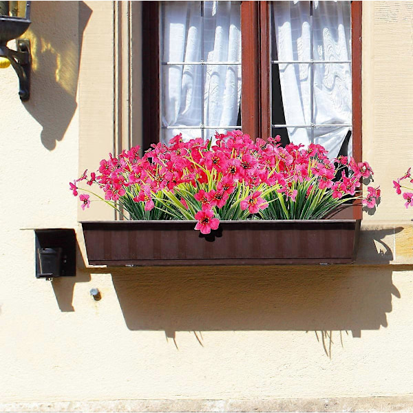 12 Bundter Kunstige Blomster Udendørs UV Beskyttelse Falske Blomster Farveægte Plastikplante Have Veranda Dekoration (rosenrød)