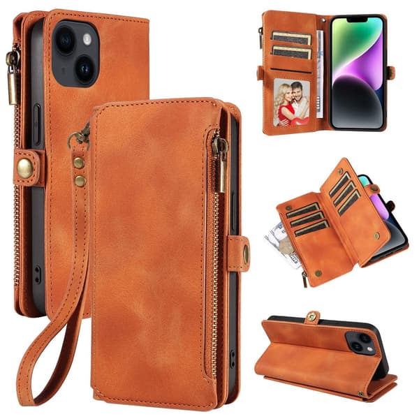 Etui til iPhone 15 Pro Max brun Flip lynlås pung med kortholder