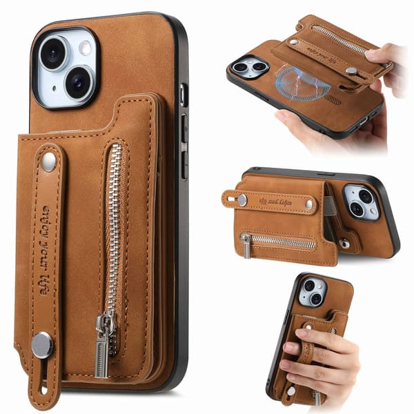 Etui til iPhone 14 brun magnetisk flip-pung med kortholder