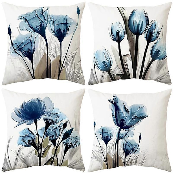 Blått blekkmaleri blomstrete putetrekk 45cm x 45cm sett med 4 marinegrå pynteputetrekk 18x18in mykt dekorativt pynteputetrekk stue sofa pute