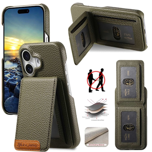 Etui til iPhone 16 Plus Midnight Green Pebbled Wallet med kortholderstativ